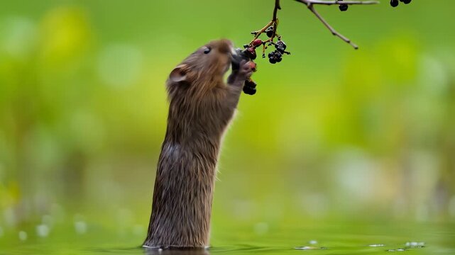 Eurasian water vole standing in water, eating berries from a low-hanging branch