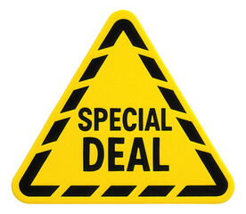 Yellow triangular sticker with SPECIAL DEAL message in bold letters, attention-grabbing retail promotion offer on transparent background.