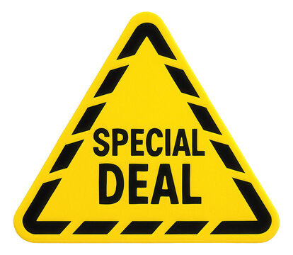 Yellow triangular sticker with SPECIAL DEAL message in bold letters, attention-grabbing retail promotion offer on transparent background.