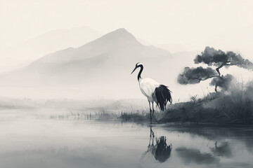 Minimalist sumi-e ink painting of a single crane beside a peaceful river, symbolizing hope, longevity, and mindfulness, traditional Japanese brush technique