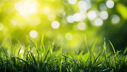 Lush Green Grass In Sunlight With Beautiful Bokeh: Close-Up Of Juicy Grass In Nature Outdoors, Wide Format With Copy Space.