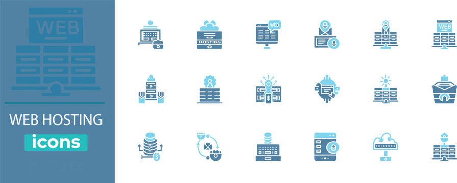 WEB HOSTING best vector icon set. Containing web, hosting, server, cloud, data, storage, network, domain, bandwidth, database and  more. Solid vector icons collection.