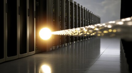 Illuminated Astrophysics Data Center: Glowing Servers Processing Telescope Input in Morning Light (Low-Angle, Motion Blur)