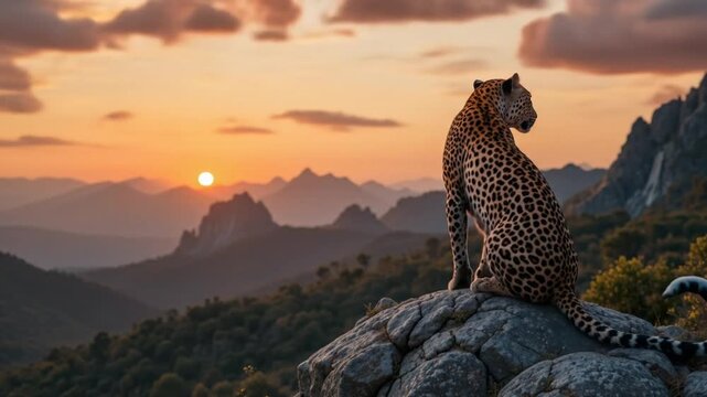 A cheetah stands on a termite mound, surveying the vast savanna panorama. 4k video