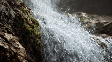 A close up view of a waterfall cascading over rocks covered in green moss and algae