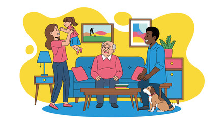 A joyful multi-generational family, including a playful mother, father, child, grandfather, and a dog, enjoying quality time together in a cozy living room.
