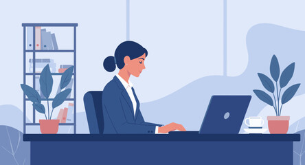 A diligent businesswoman in a professional suit works on her laptop at a desk in a modern, calm office environment, depicted in a flat illustration style.