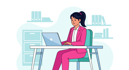 A confident businesswoman in a vibrant pink suit diligently works on her laptop at a modern office desk, surrounded by organized files.