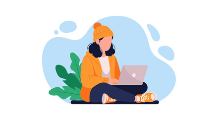 Young woman sits cross-legged on the floor, wearing a warm yellow jacket and a knitted hat, using her laptop in a cozy, minimalist home environment.