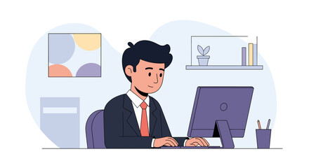 A young businessman in a suit works on his computer in a bright, modern office, focused on his tasks and surrounded by minimalist decor and artwork.