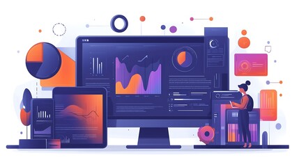 Data Analysis & Business Intelligence Illustration: Central Monitor, Tablet & Phone Display Blue-Purple-Orange Data Visualizations, Analyst Character Interaction, White Background with Abstract Connec