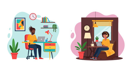 Two diverse people work from home on laptops, showcasing modern remote work flexibility, digital productivity, and comfortable domestic office settings.