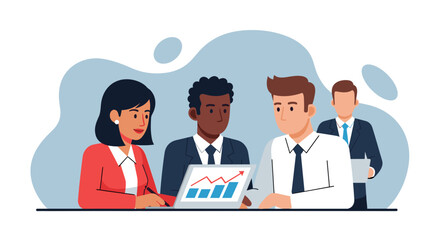 A diverse group of business professionals collaborates on a project, analyzing data on a laptop during an engaging team meeting.