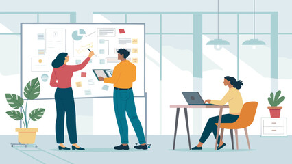 A diverse business team collaborates on a strategic project, analyzing data on a large whiteboard in a bright, modern office environment.