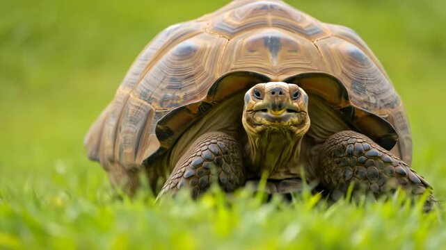 A large tortoise with a patterned shell slowly walks through a field of green grass