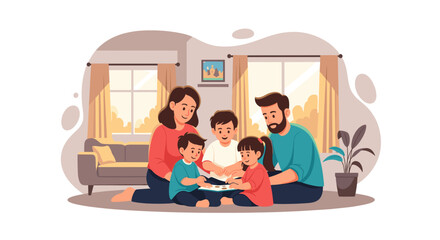 A loving family sits together in their living room, reading a book and enjoying quality time, creating a warm and inviting atmosphere with natural light.