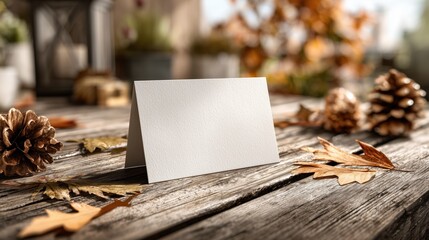 White folded card mockup. Blank template of greeting card, place card, reserved sign, empty folded paper sitting on rustic wooden desk with autumn leaves nearby. Warm autumn. Landscape orientation