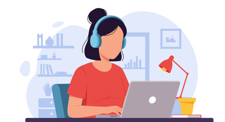A young woman wearing headphones is actively working on her laptop at a desk in a modern home office setting, illustrating remote productivity.
