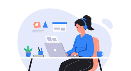 A focused woman wearing headphones works diligently on her laptop at a clean desk, surrounded by digital icons and office supplies.