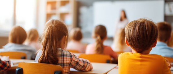 A classroom scene featuring students attentively listening to a teacher, with a focus on their backs and the learning environment.