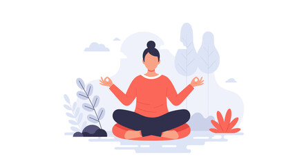 An illustrated woman sits in a meditative yoga pose, surrounded by stylized plants and soft clouds, promoting relaxation and inner peace in a tranquil environment.