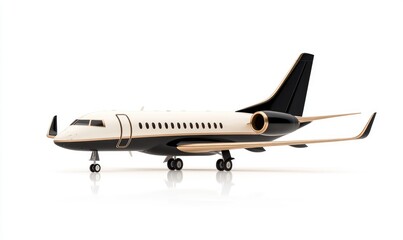 Obraz premium Sleek jet with white fuselage and black/gold accents stands against a white backdrop with faint reflection. Its landing gear is deployed, showing detail
