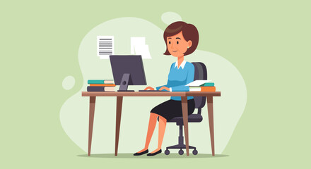 A woman works diligently at her desk, typing on a computer with books and papers surrounding her, illustrating productivity and office work.