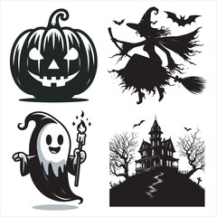 Halloween Vector Bundle – Pumpkin Jack-o’-Lantern, Witch on Broom, Ghost and Haunted House