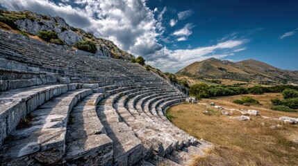Ancient stone amphitheater nestled in a hillside under a partly cloudy, blue sky