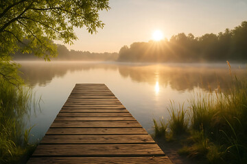 Fototapeta premium Sunrise over a tranquil lake with a wooden dock