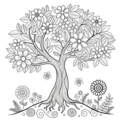 Intricate black and white detailed tree of life with flowers and roots