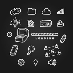 Technology Icons and Symbols on Doodle Vintage Style with Blackboard Background