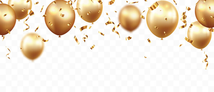 Celebration banner with gold confetti and balloons