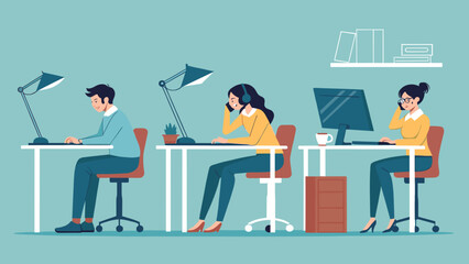 A diverse team of professionals diligently works at their individual desks within a modern office environment, fostering collaboration and productivity.