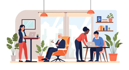 A diverse group of professionals actively collaborates and works individually within a bright, contemporary office space, showcasing modern business dynamics.