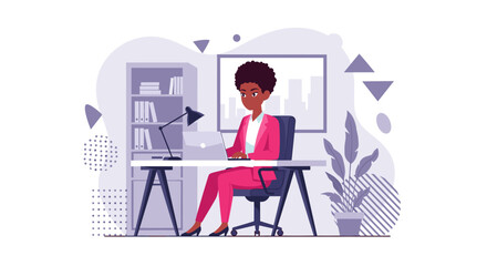An elegant African American woman with an afro sits confidently at her modern office desk, actively working on a laptop in a vibrant, professional illustration.