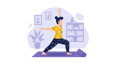 A person practices yoga warrior pose at home, promoting wellness and a healthy lifestyle.