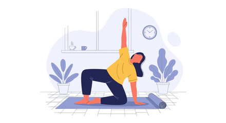 A young woman in a comfortable home setting practices a yoga or stretching pose on a mat, focusing on flexibility and overall wellness, promoting healthy living.