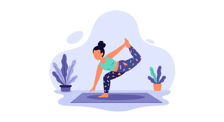 An illustration of a woman gracefully performing a challenging yoga pose on a mat, surrounded by potted plants, symbolizing balance and wellness.
