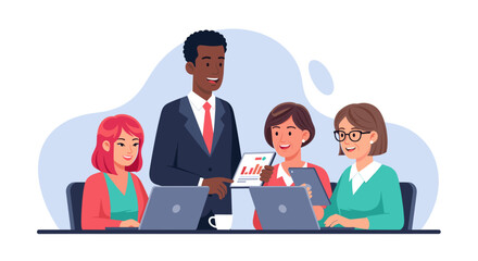 Diverse business team collaborating in an office meeting, discussing data and strategy. Professionals working together, showcasing teamwork and successful corporate communication.