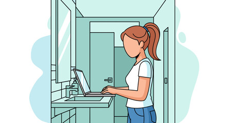 A dedicated young woman with a ponytail works diligently on her laptop from an unconventional bathroom setting, highlighting flexible remote work arrangements.