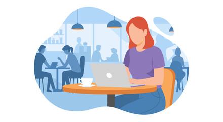 A freelance woman works diligently on her laptop at a bustling cafe, enjoying a warm beverage while immersed in her remote tasks.