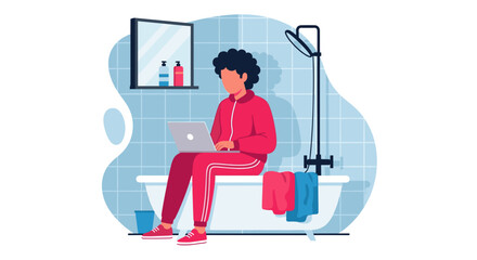 A person in a red tracksuit works remotely on a laptop while sitting unconventionally on the edge of a bathtub in a modern bathroom.