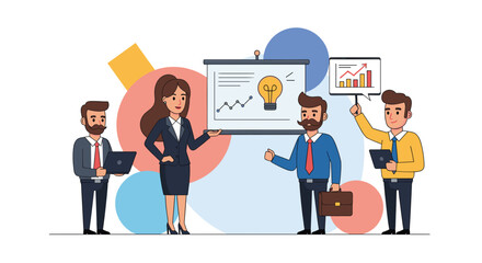 Obraz premium A diverse team of business professionals collaborates on a strategic presentation, analyzing data and generating innovative ideas for project growth and success.