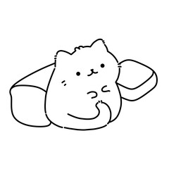Cute cat with bread vector line art outline illustration.