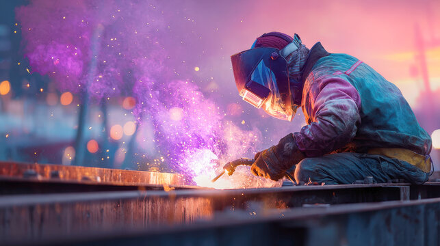 skilled welder works with powerful welding torch, generating vibrant display of colorful sparks, light. Image captures the intense and dynamic atmosphere of the welding process in industrial setting