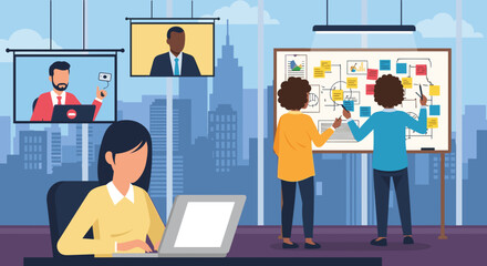 Modern professionals collaborate in a dynamic hybrid work environment, blending virtual video conferences with in-person strategic brainstorming and teamwork.