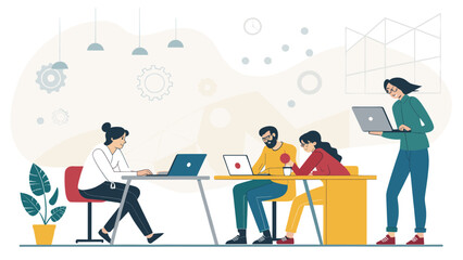 Diverse team collaborates on laptops in a modern office space, fostering innovation and teamwork.