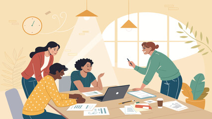 An diverse team of professionals collaborates effectively around a table in a modern office setting, discussing strategies and ideas during a productive business meeting.