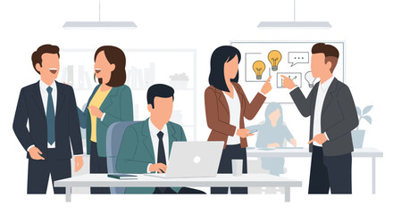 A diverse group of professionals actively collaborates in a modern office space, engaging in discussions and working on innovative projects.